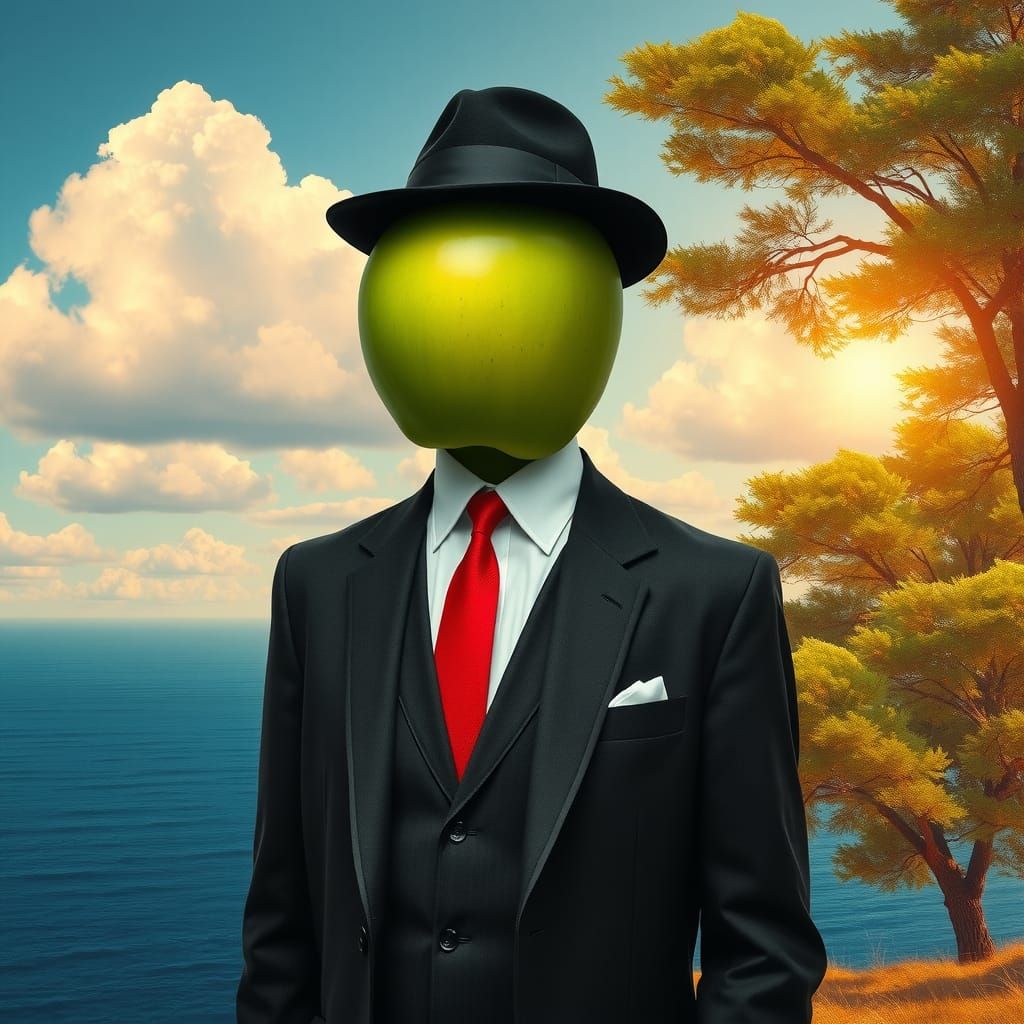 Surreal Apple-Headed Man by the Sea