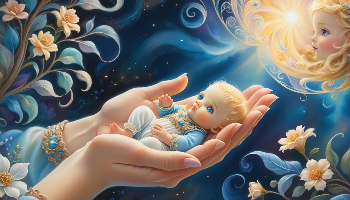 Tiny Baby Held in Hand: Whimsical Concept Art