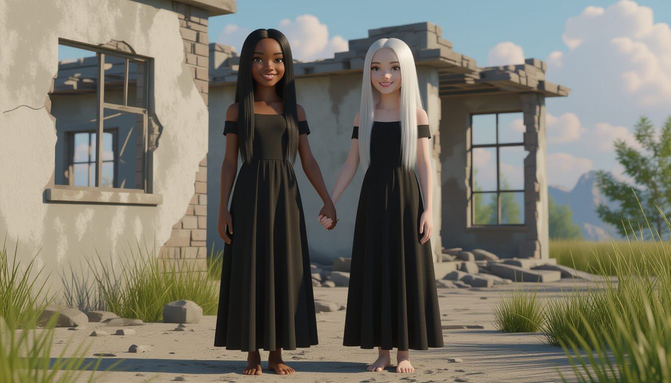 Young African Women in Long Dresses Near Ruined Building