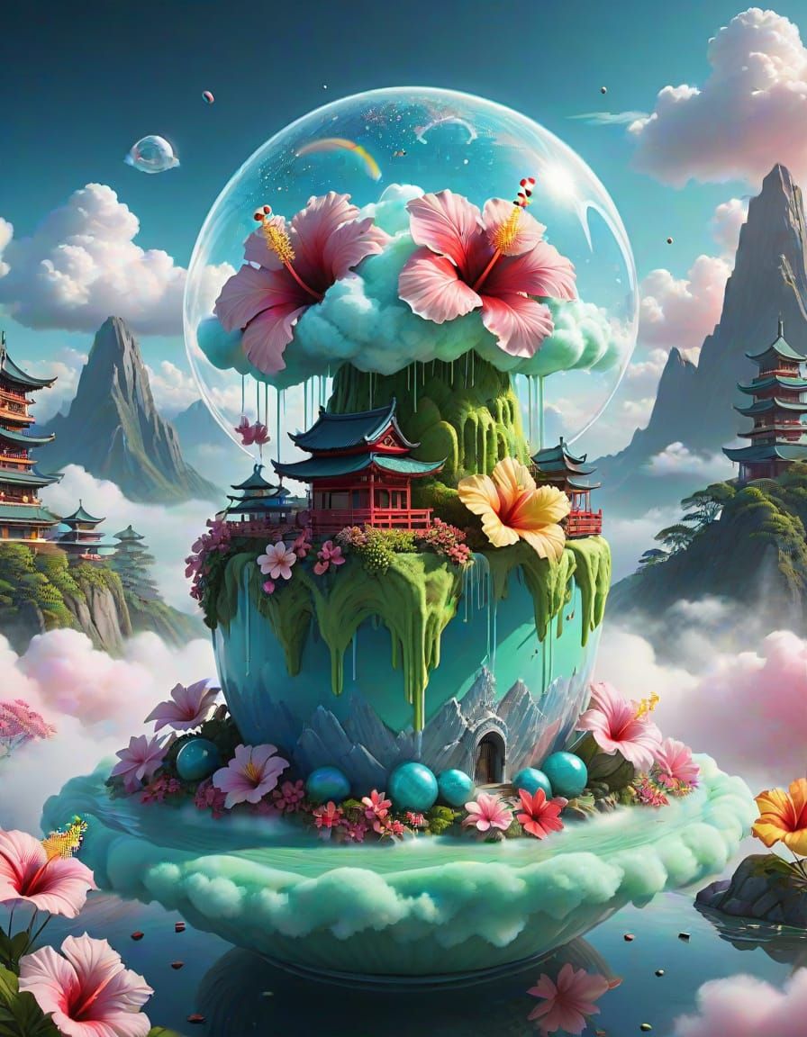 Matcha Cloud City with Rainbow Hibiscus Flowers