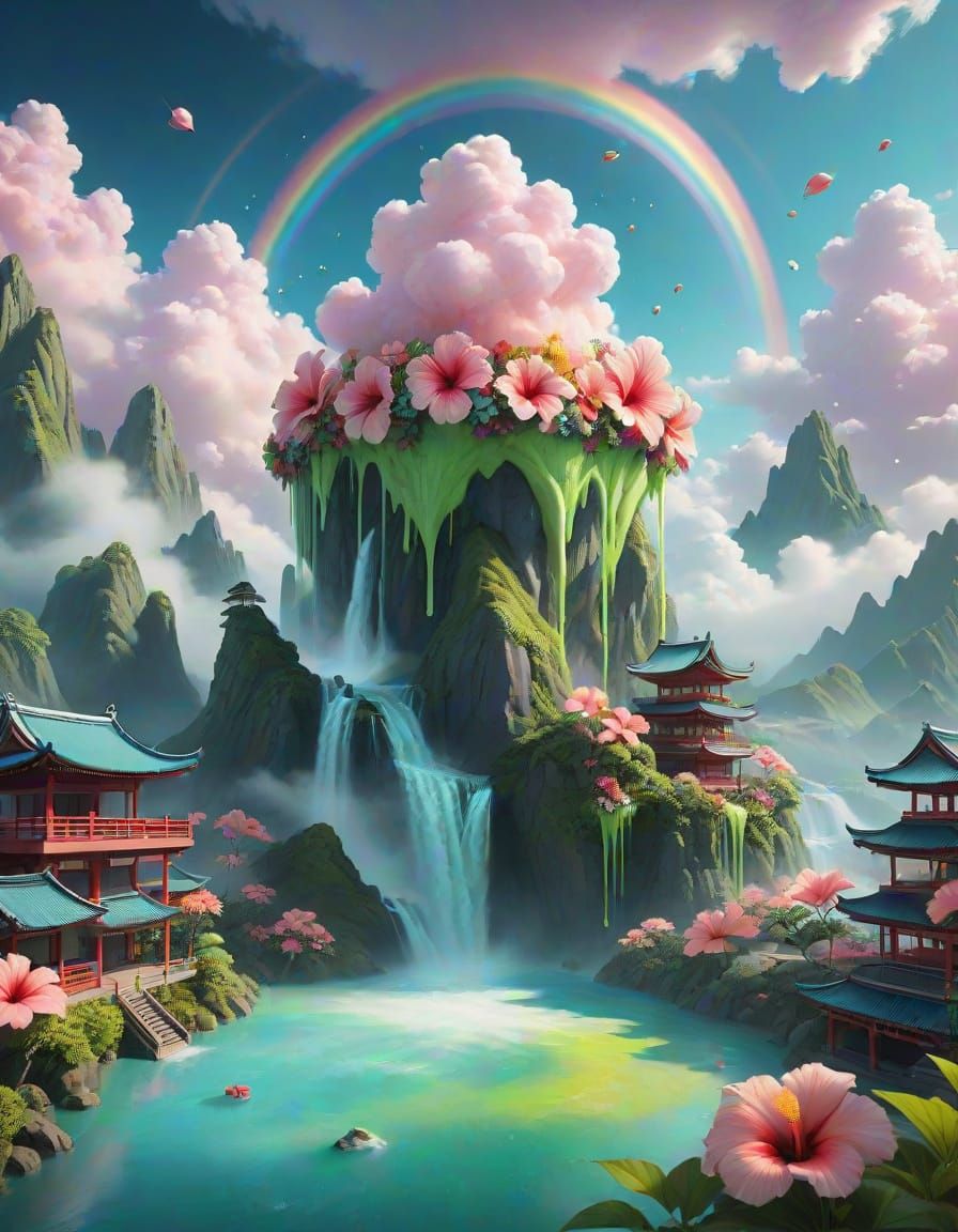 Matcha Cloud City with Rainbow Hibiscus Flowers