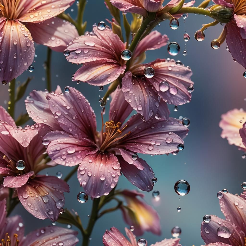 Hyperrealistic Dew Drops at Dawn: Intricate Splash Art