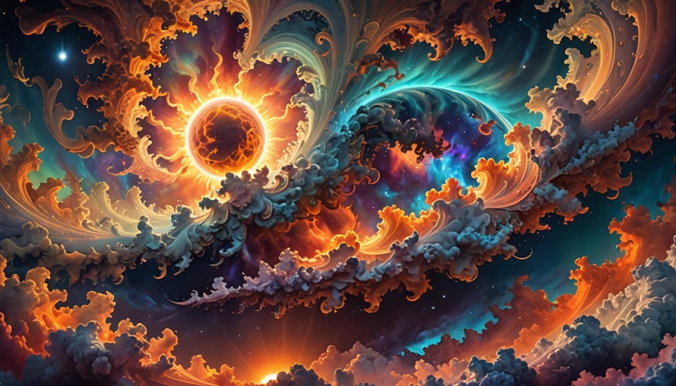 Celestial Sunrise Digital Art with Fractal Clouds