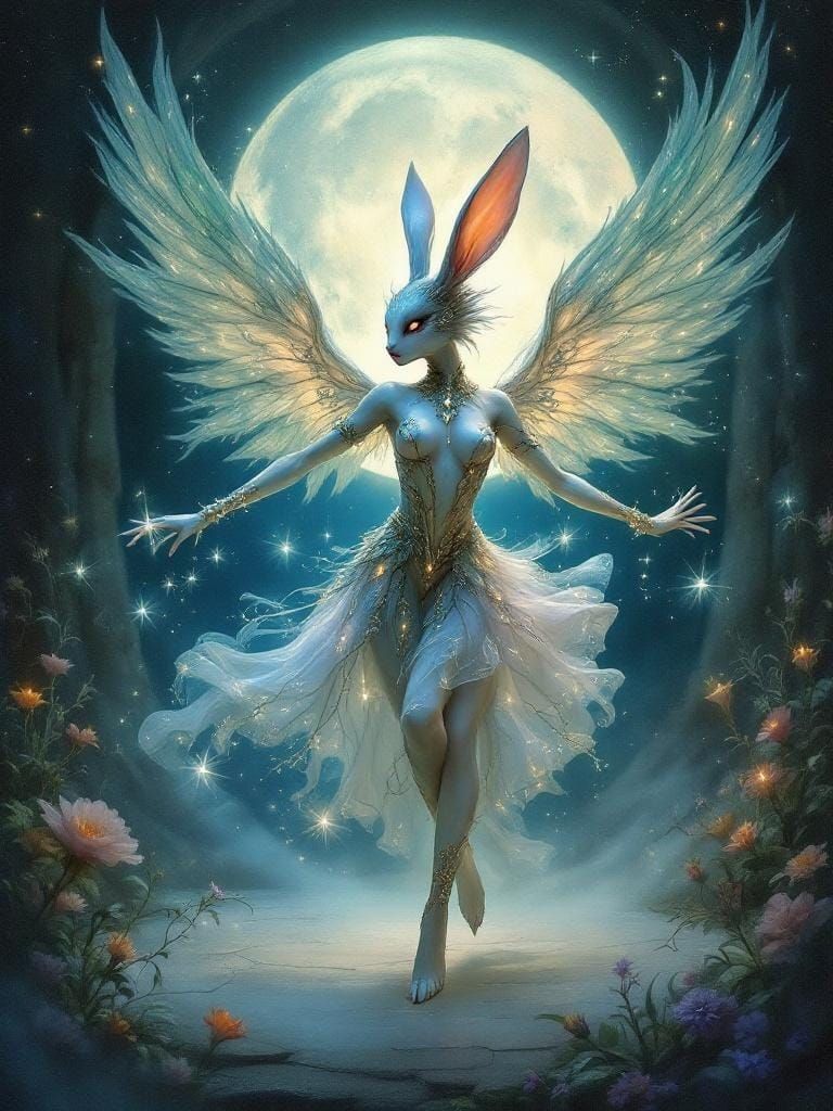 Winged Rabbit's Mesmerizing Dance on Moonlit Stage