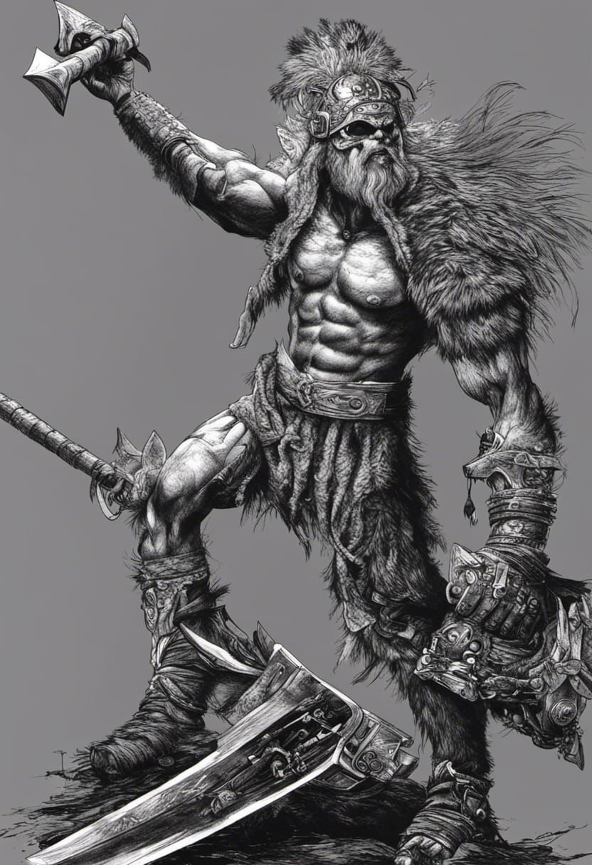 Berserker with Axe in Black and White Vector Art