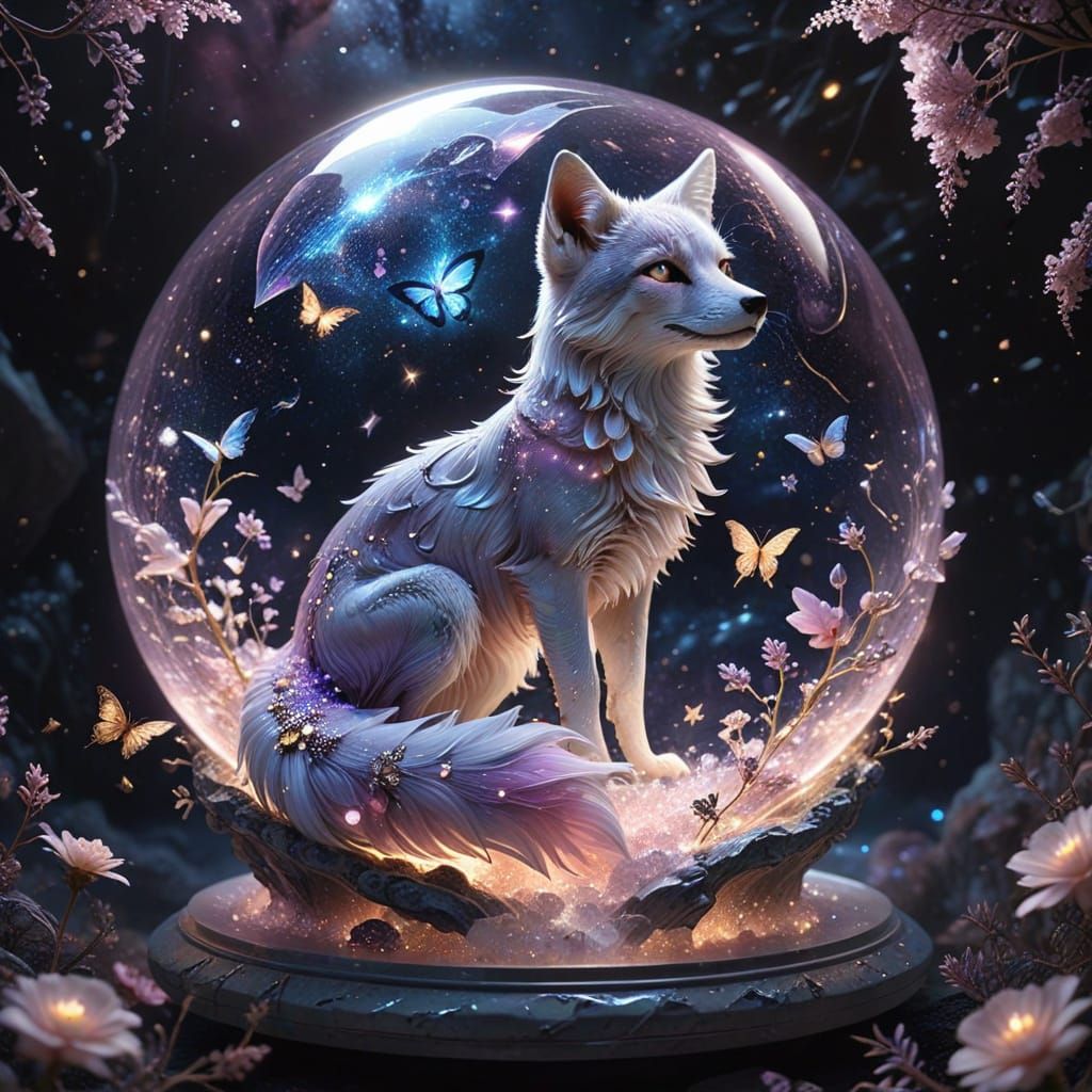Celestial Garden with Crystal Flowers and Sleeping Fox
