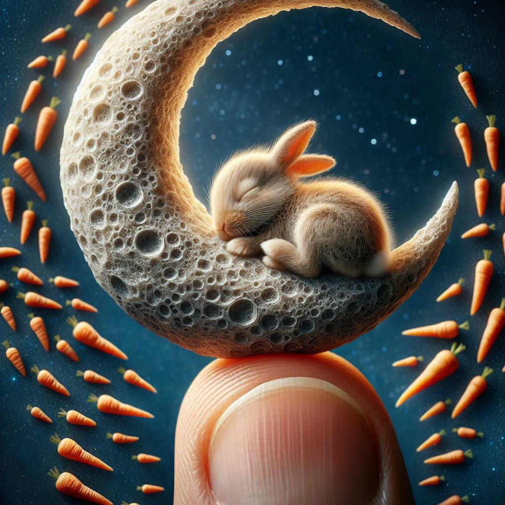 Surreal Landscape with Dreamy Rabbit on Crescent Moon