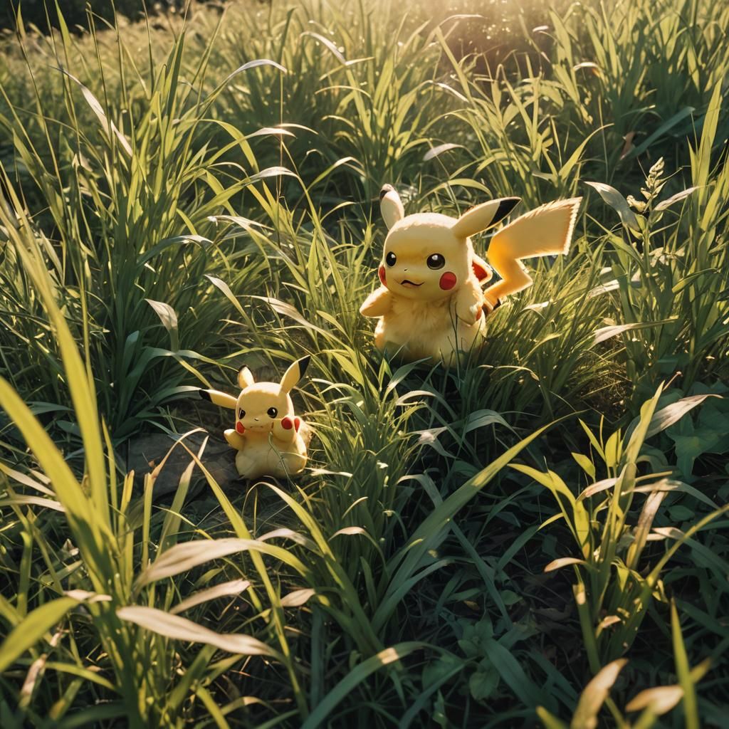 Pikachu and Squirtle Play in Tall Grass