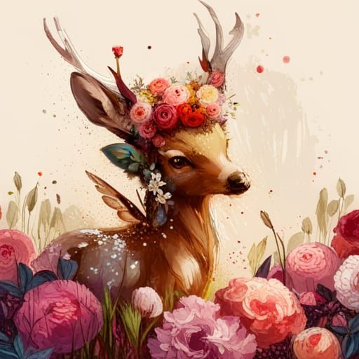 Winged Deer with Flowers: Hyperrealistic Splash Art