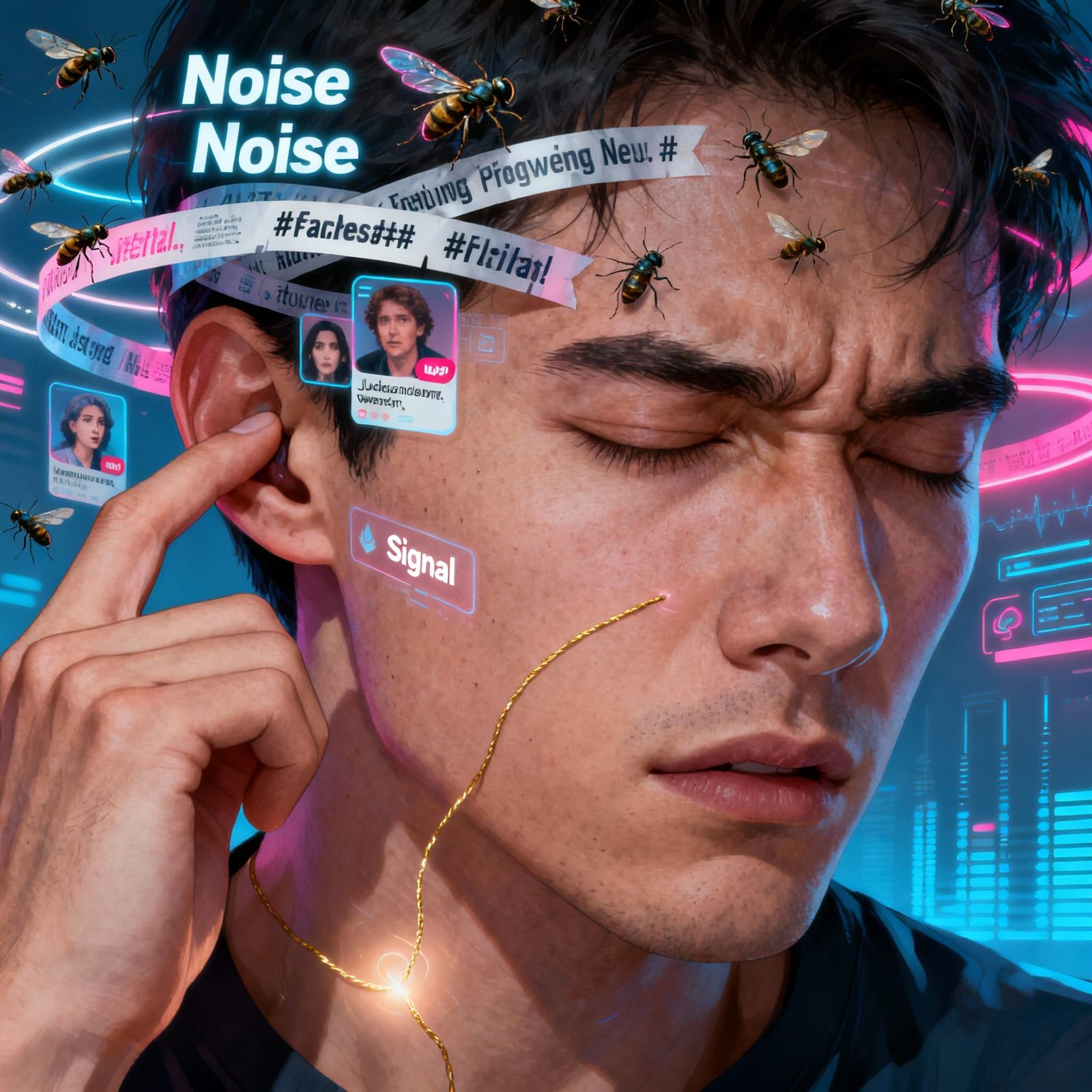 Cyberpunk Portrait of Internal Struggle in Neon Colors