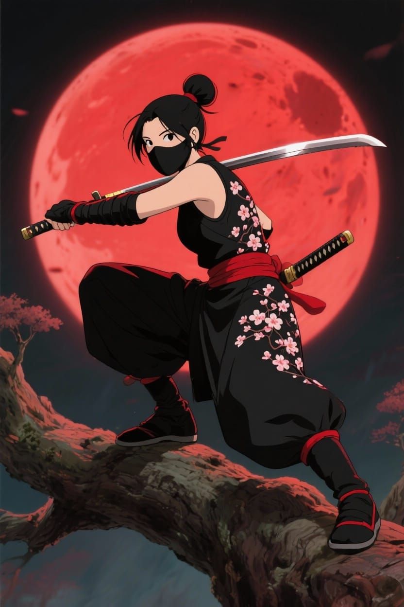 Ninja Under Red Moon in Studio Ghibli Style