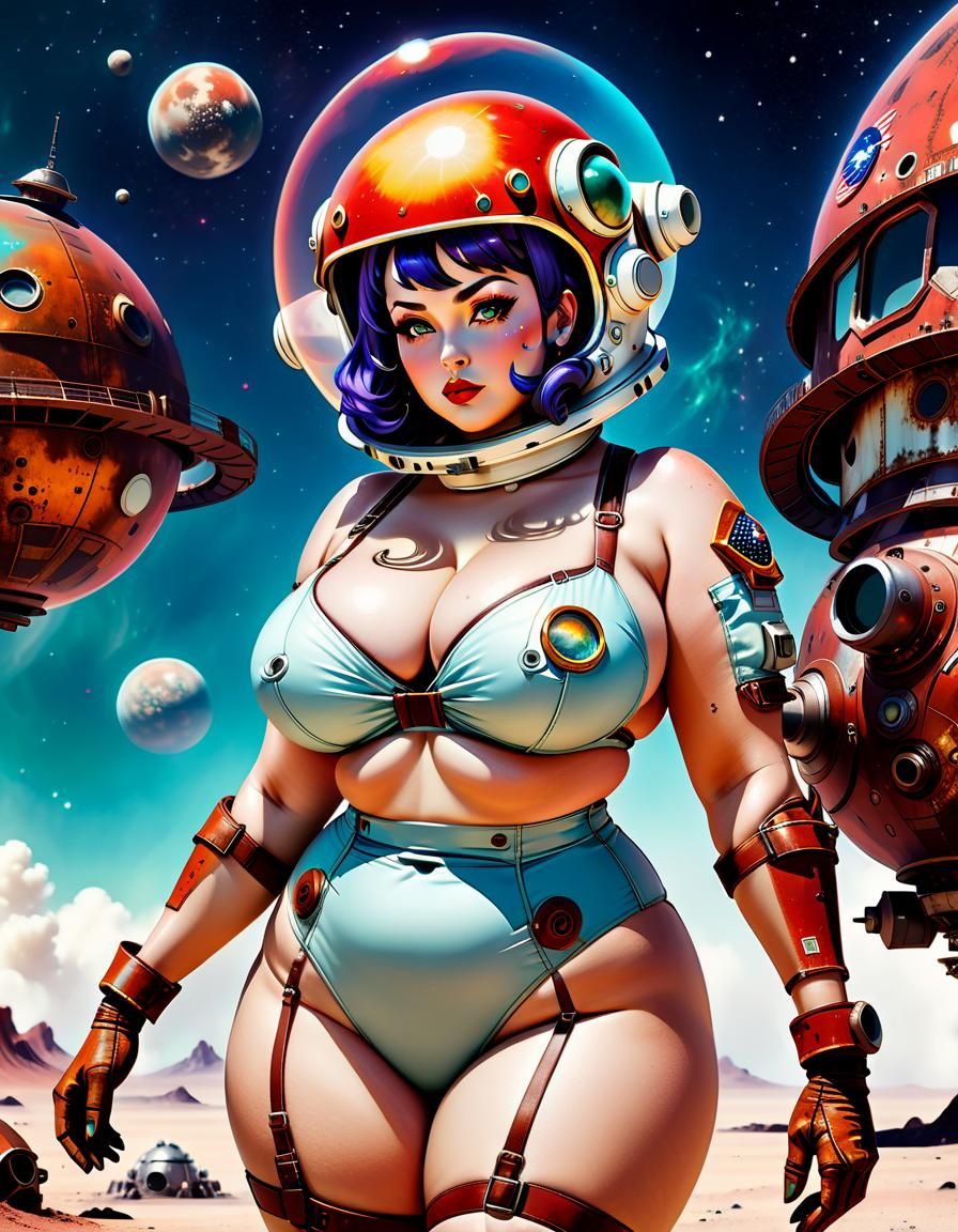 Curvy Astronaut Lady in a Surreal Cosmic Landscape