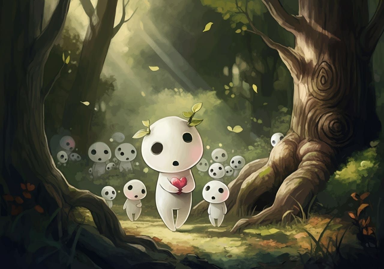 Whimsical Kodama Gather in Sunlit Forest Glade