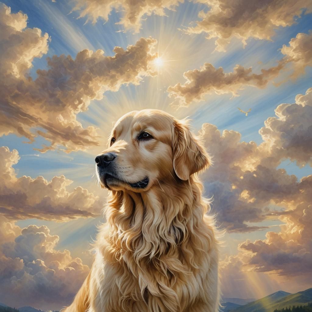 transparent golden retriever spirit made of gold mist.