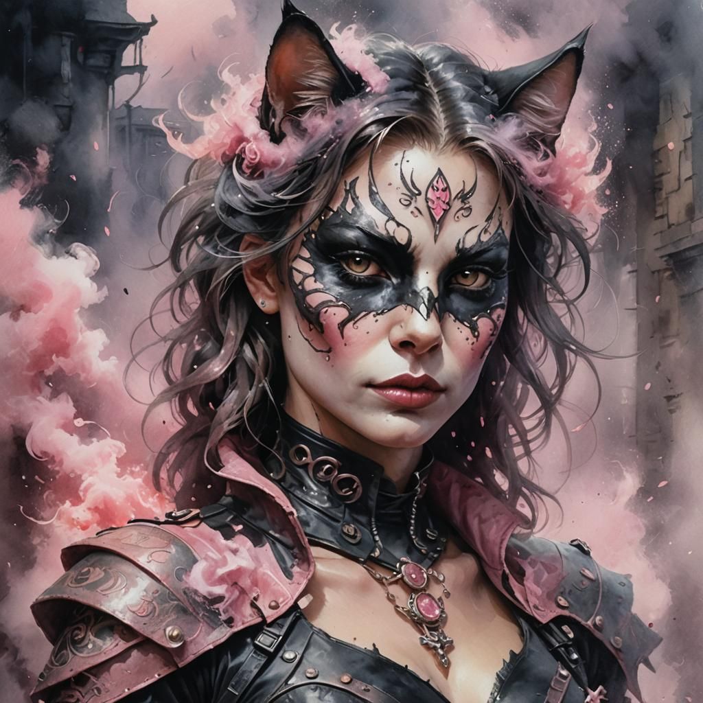 Catwoman Portrait in Watercolor, Ethereal Fantasy Art