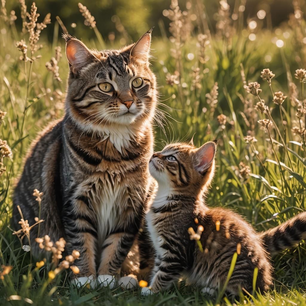 Tabby Cat Family in Sun-Drenched Meadow
