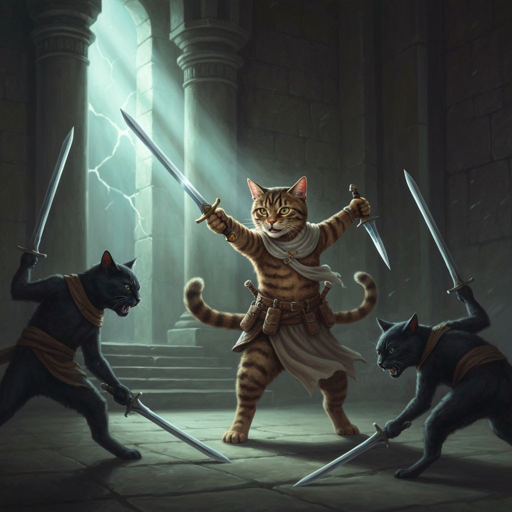 Tabby Cat Warrior Fights Black Cats in Ancient Temple