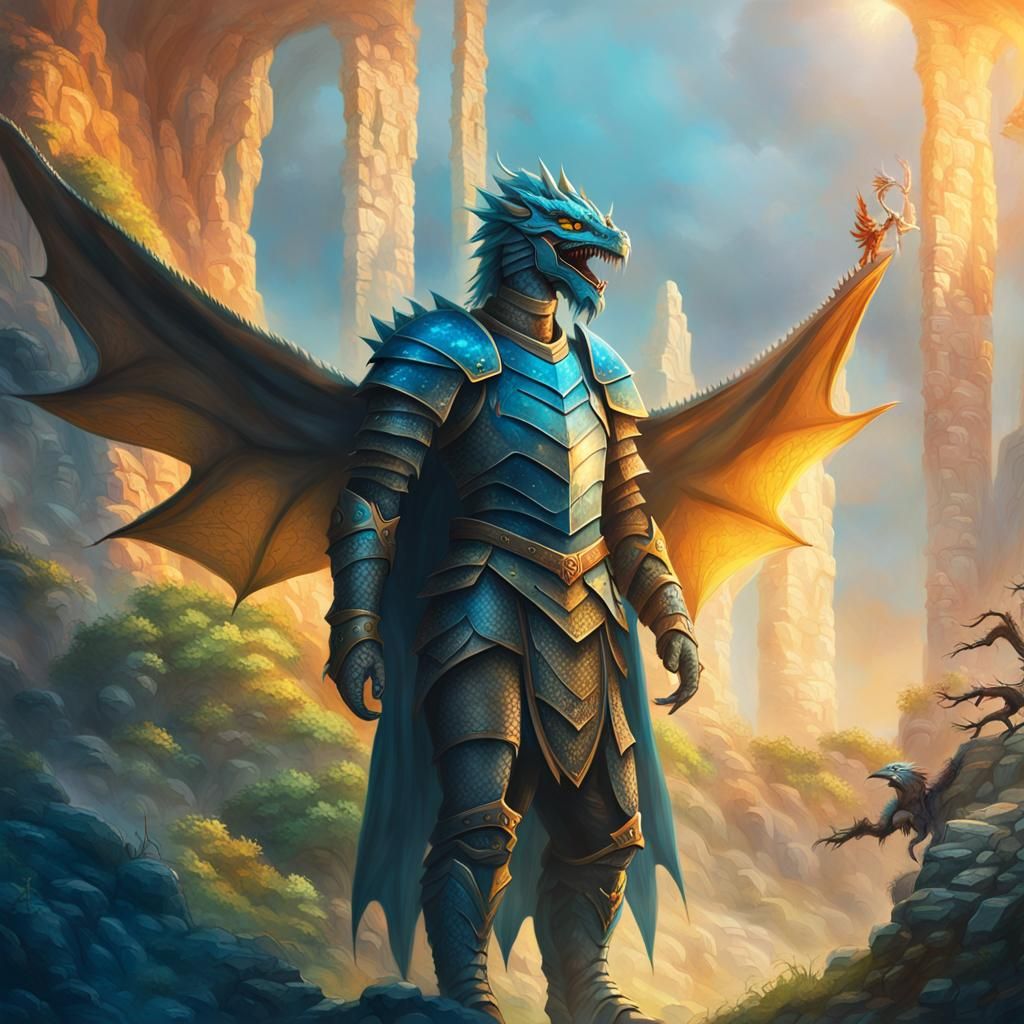Dragon and Knight Face Off: Fantasy Oil Painting