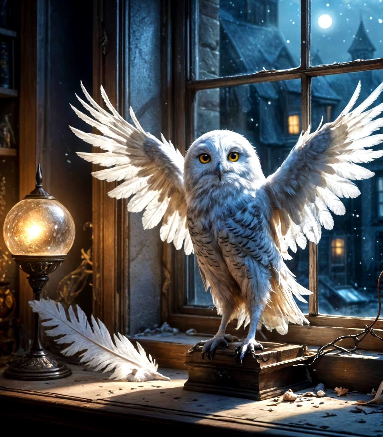 Hedwig at Hogwarts Under a Giant Moon