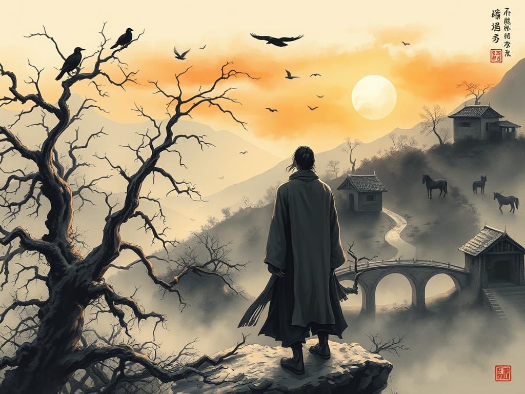 Tranquil, Ancient Landscape in BaDaShanRen-Inspired Ink Wash...