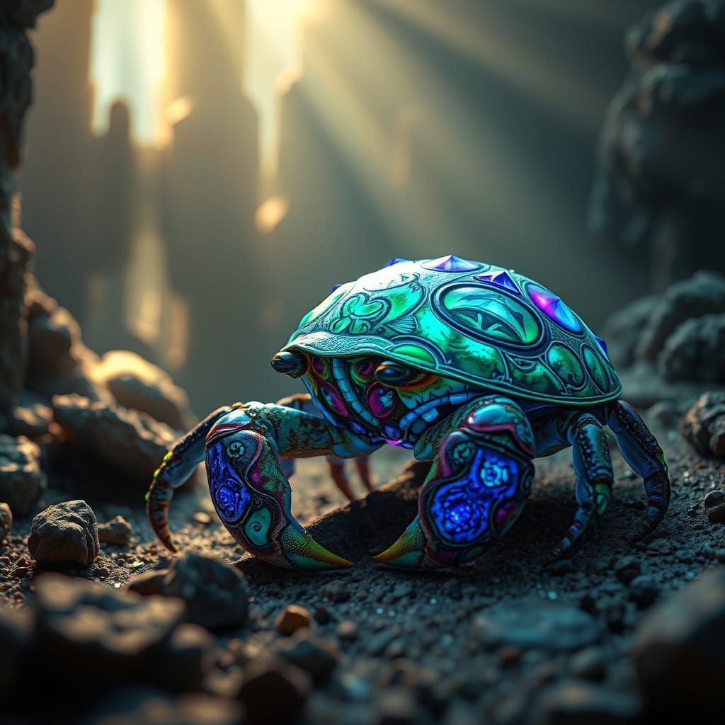 Bioluminescent Hermit Crab Exploring Sunken City Ruins