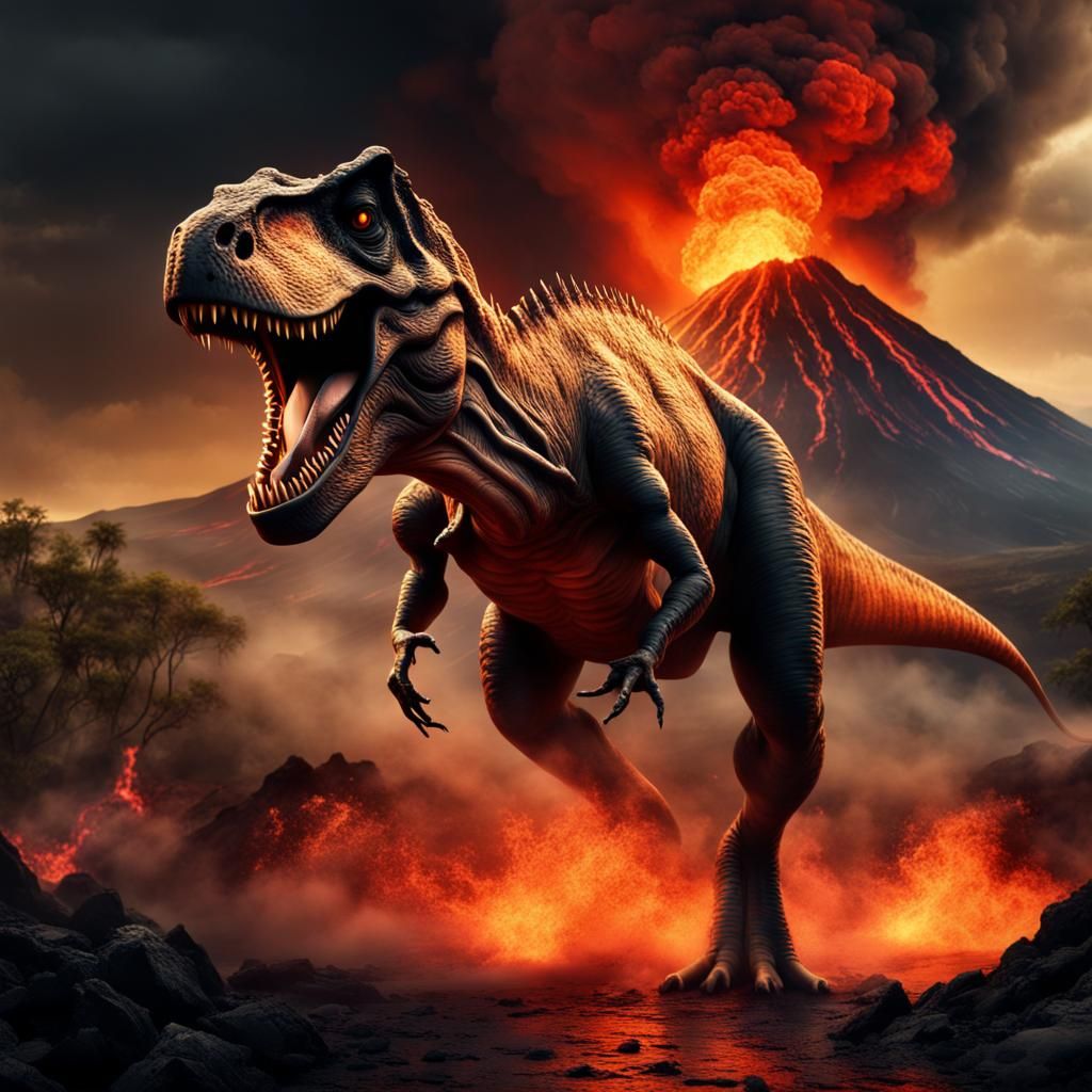 T-Rex Escape: Volcanic Eruption in Chiaroscuro Style