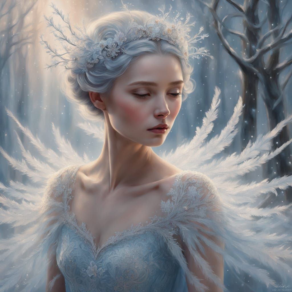 Ethereal Ice Ballerina in Whimsical Winter Dreamscape