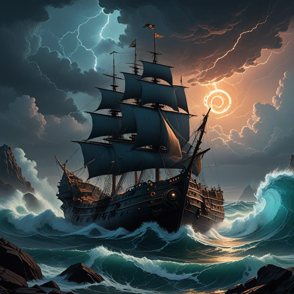 Majestic Galleon in Cataclysmic Storm, Poseidon Rising from ...