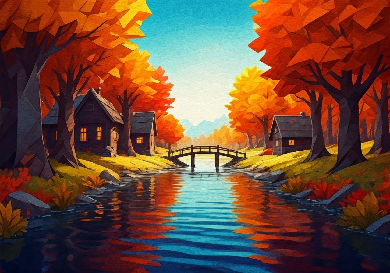 Autumn Village in Origami Style, Gouache Painting