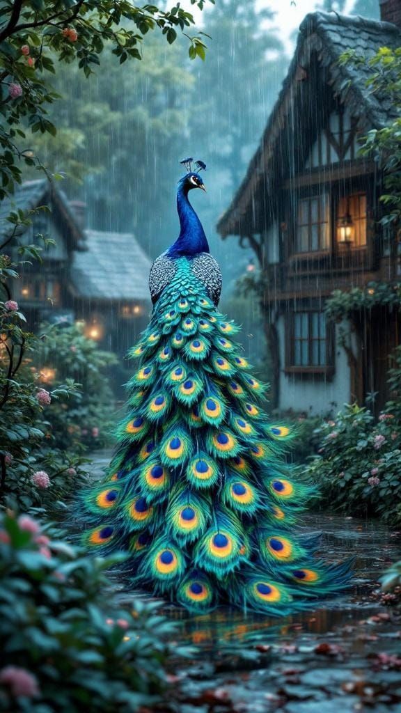 Peacock Dancing in Rain: 3D Rendered Village Scene