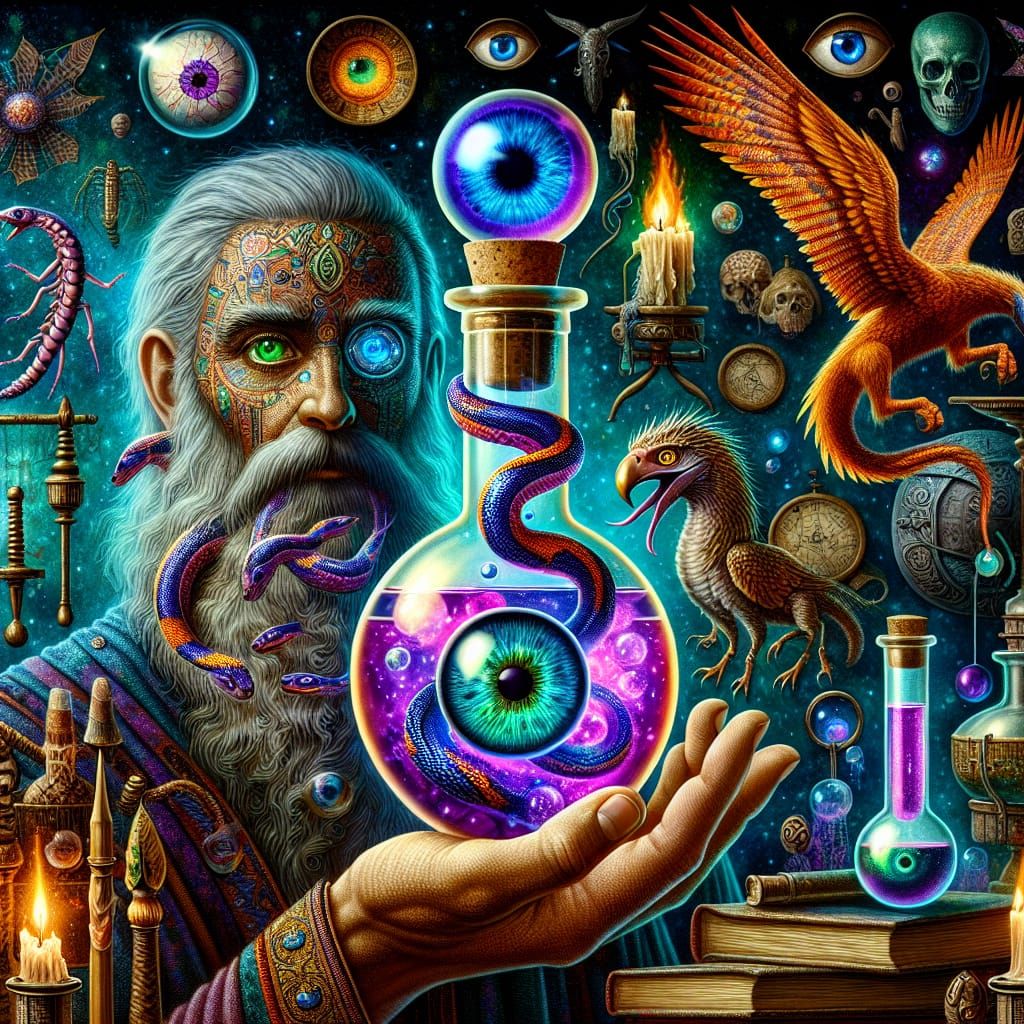 Wizard with Alchemy Bottle in Medieval Lab