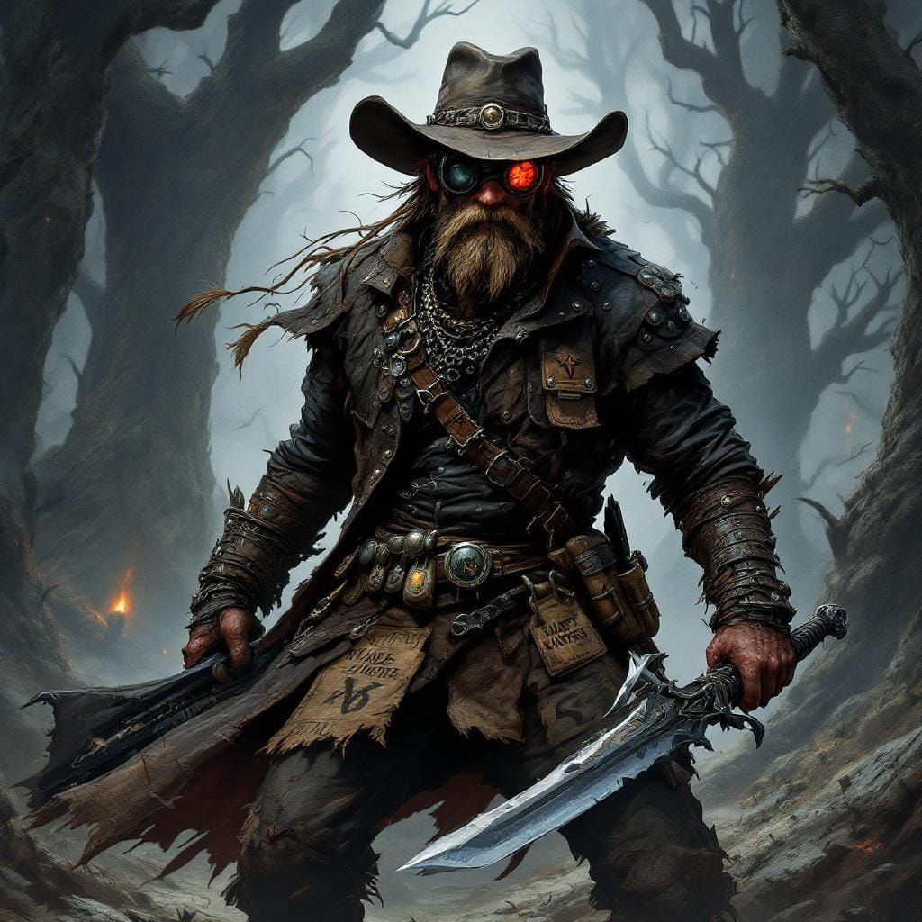 Battle-Worn Bounty Hunter in Cursed Forest