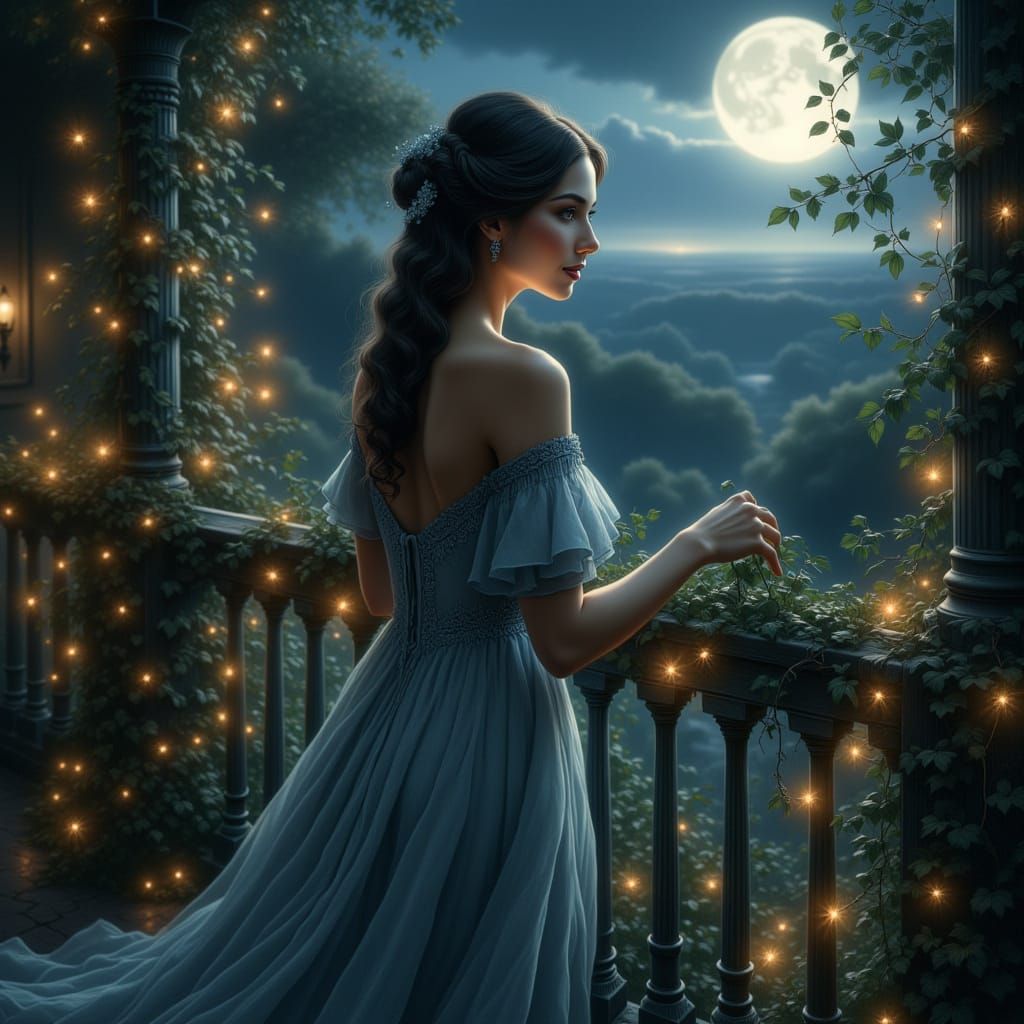 An elegant woman in a flowing, art nouveau gown stands on a balcony overlooking a moonlit garden. Delicate vines with gl...