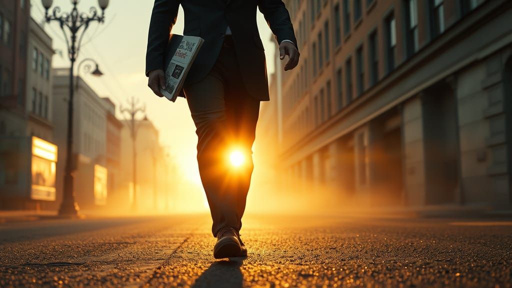 Man Walking Through Deserted Streets in Morning Light
