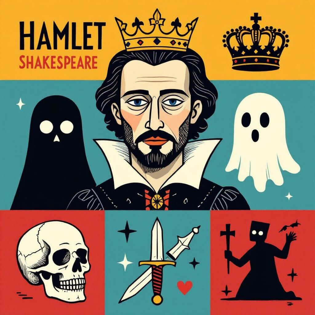 Hamlet Poster Collage in Simple Drawing Style