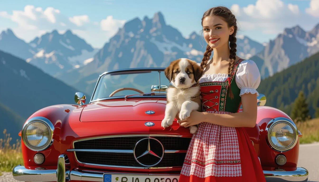 Woman in Dirndl with 1959 Mercedes and Alpine View