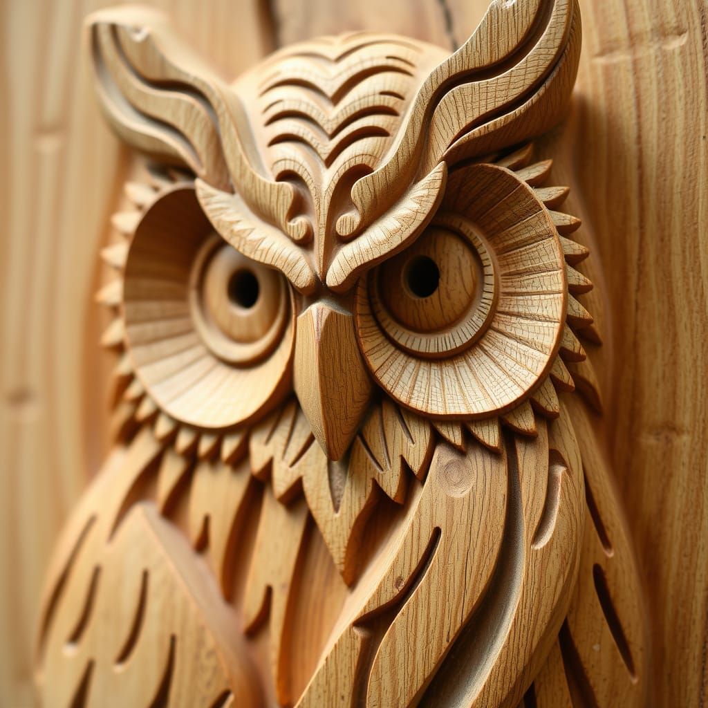 Whimsical Wooden Owl Carving in Intricate Detail