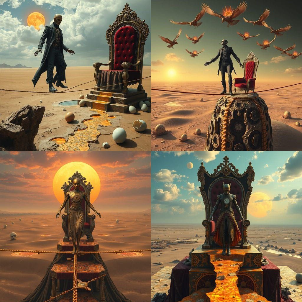 Surreal Fractured Velvet Throne with Clockwork Figure