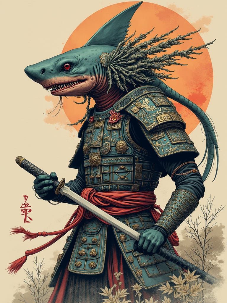 Dark Samurai Shark-Squid Warrior in Ghibli Style