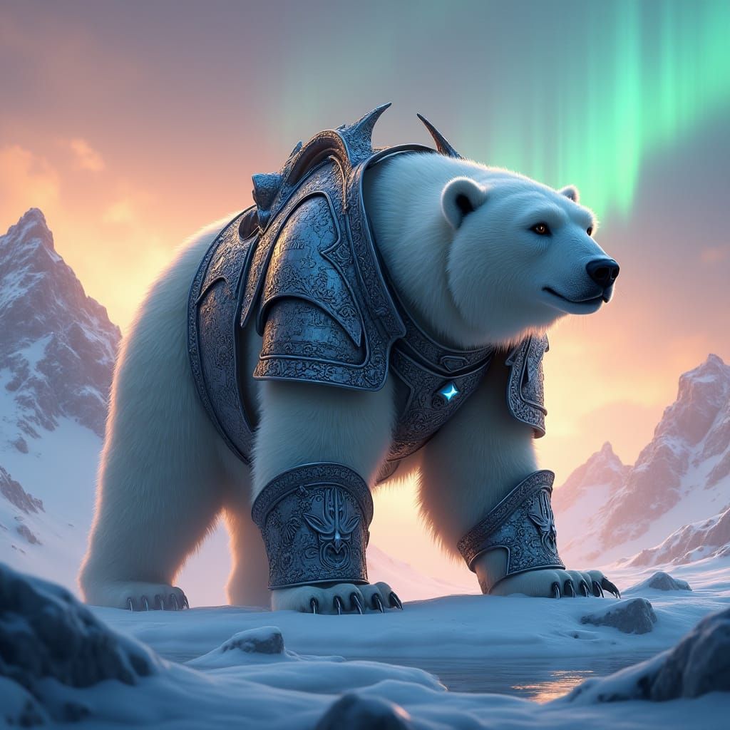 Armored Polar Bear on Glacier, Fantasy Concept Art