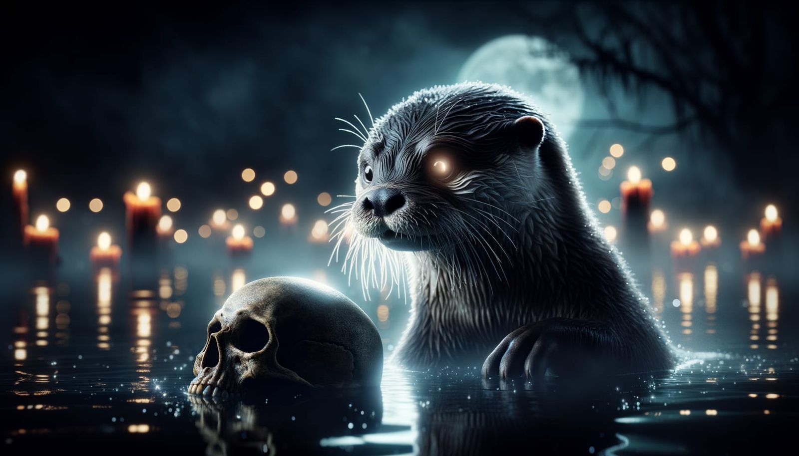 Undead Otter Gazing at Skull in Eerie Pond