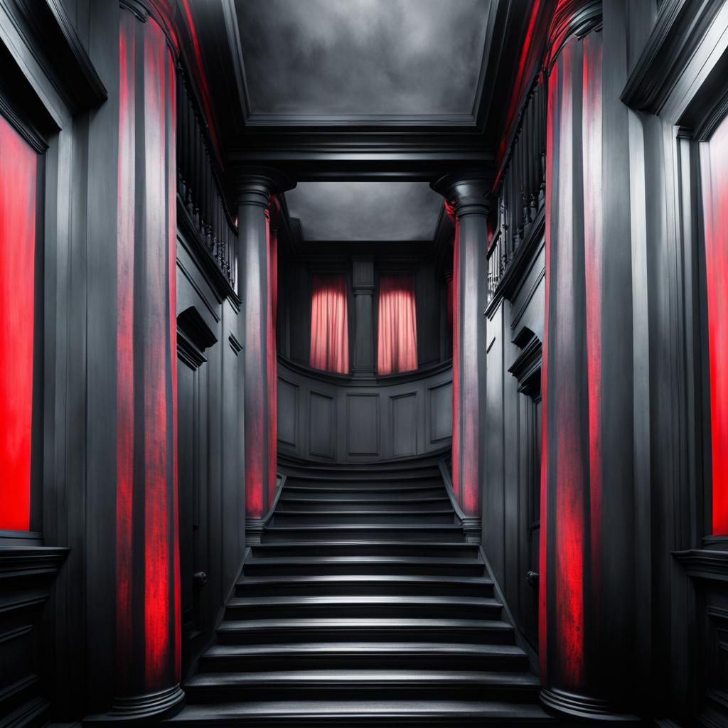 Eerie Haunted House with Spiral Staircase in Film Noir