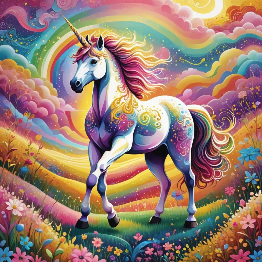 Golden Unicorn in Rainbow Meadow: Pointillism Painting
