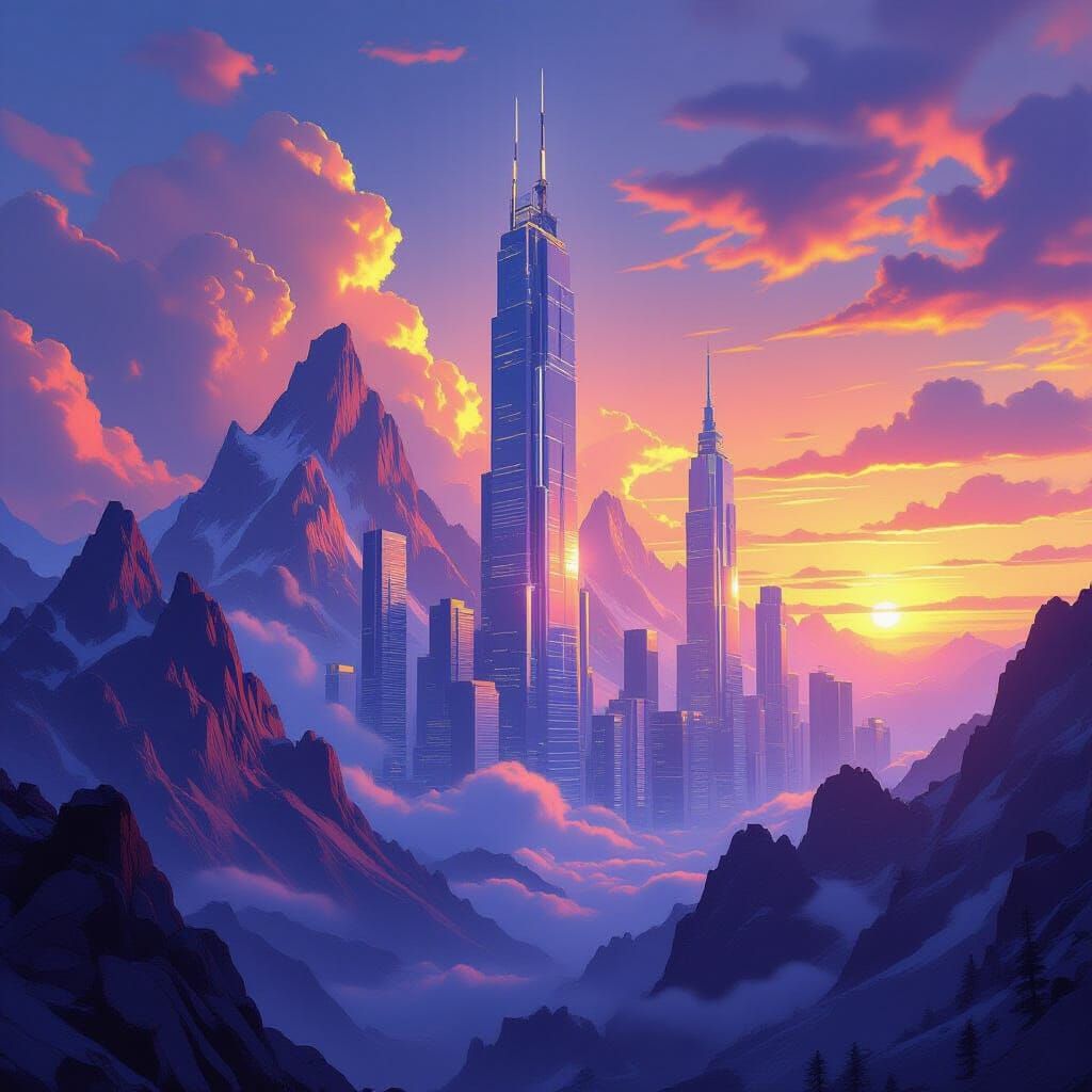 Futuristic Cityscape Integrated into Mountains at Sunset