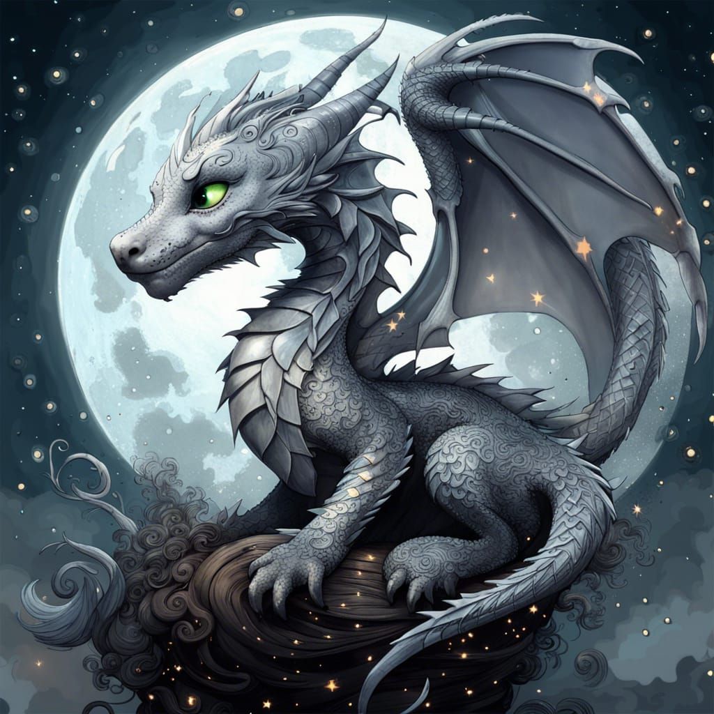 Grey Moon Dragon with Swirling Stars: Fantasycore Art