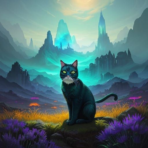 Whimsical Cat Meows Amidst Vibrant Misty Landsape