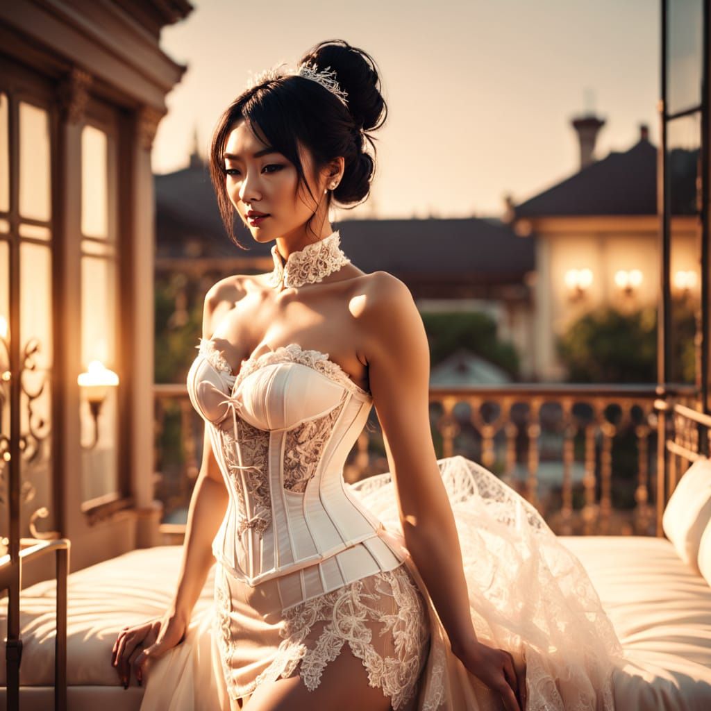 Elegant Asian Woman in Corset on Balcony