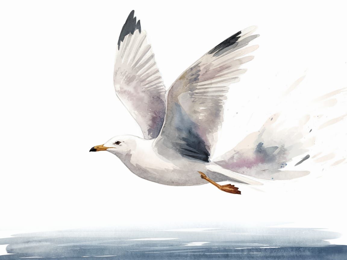 Ethereal Seagull in Flight, Watercolor Painting