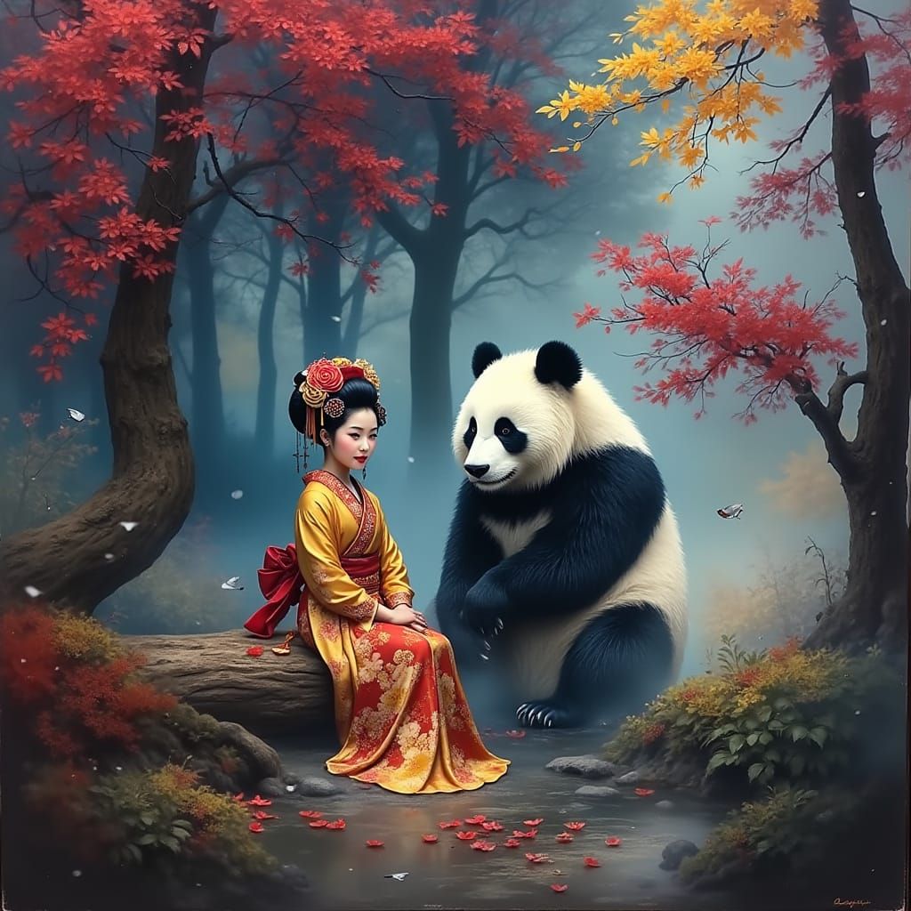 Whimsical Geisha Encounter with a Majestic Panda in Enchante...