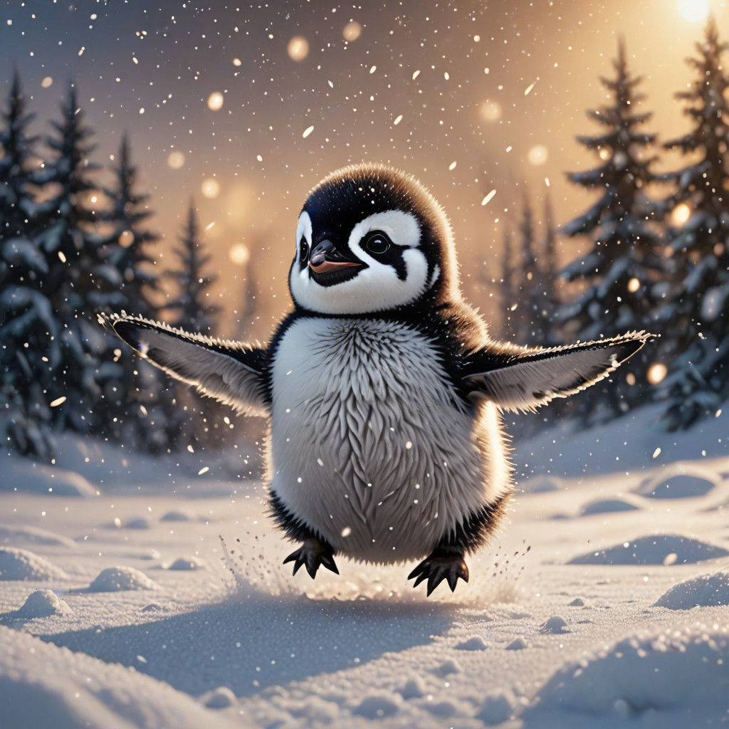 Adorable Penguin Plays in Snowy Winter Wonderland
